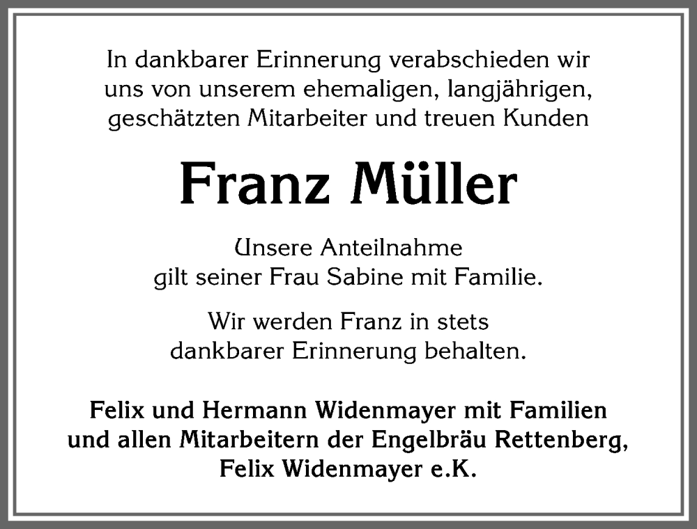  Traueranzeige für Franz Müller vom 19.09.2024 aus Allgäuer Anzeigeblatt