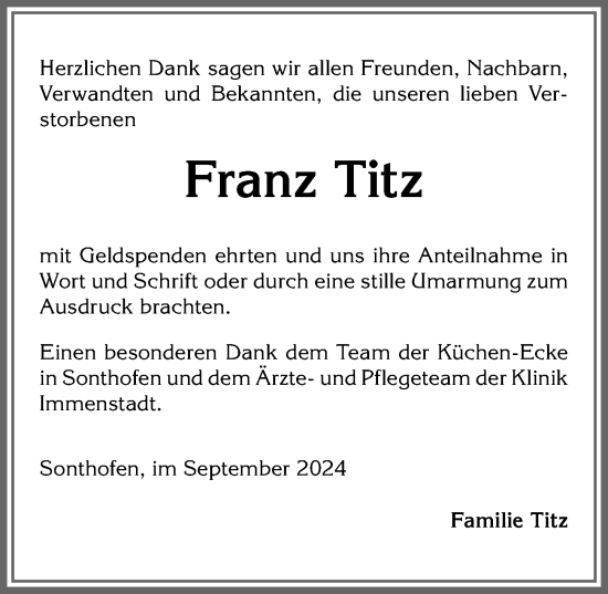 Traueranzeige von Franz Titz von Allgäuer Anzeigeblatt
