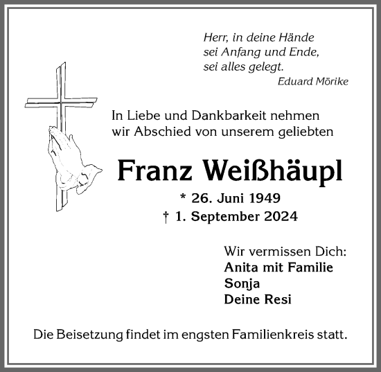 Traueranzeige von Franz Weißhäupl von Allgäuer Anzeigeblatt