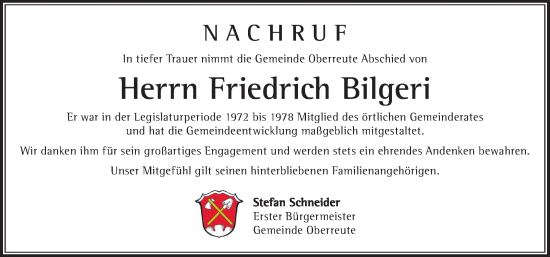 Traueranzeige von Friedrich Bilgeri von Der Westallgäuer
