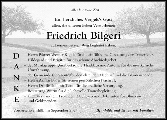 Traueranzeige von Friedrich Bilgeri von Der Westallgäuer