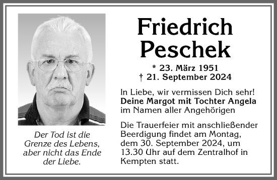 Traueranzeige von Friedrich Peschek von Allgäuer Zeitung,Kempten