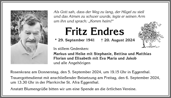 Traueranzeige von Fritz Endres von Allgäuer Zeitung, Kaufbeuren/Buchloe