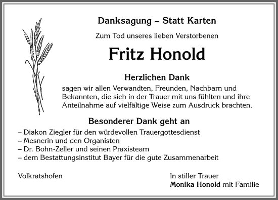 Traueranzeige von Fritz Honold von Memminger Zeitung