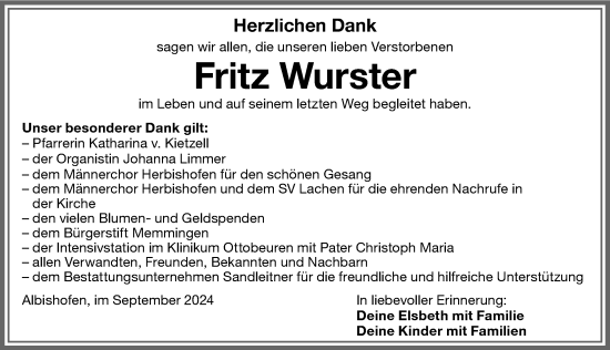 Traueranzeige von Fritz Wurster von Memminger Zeitung