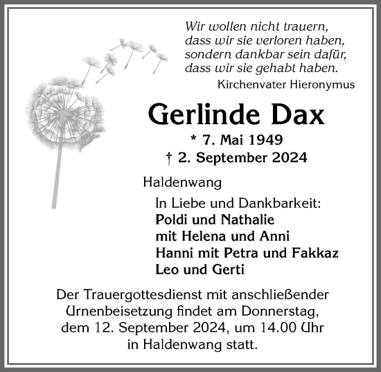 Traueranzeige von Gerlinde Dax von Allgäuer Zeitung,Kempten