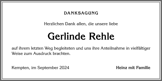 Traueranzeige von Gerlinde Rehle von Allgäuer Zeitung,Kempten