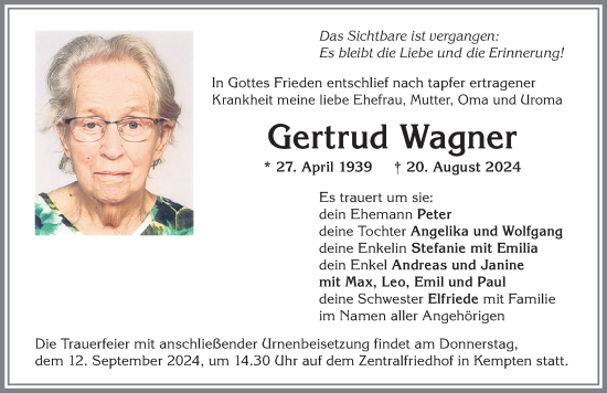 Traueranzeige von Gertrud Wagner von Allgäuer Zeitung,Kempten