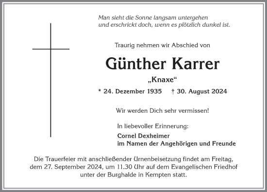 Traueranzeige von Günther Karrer von Allgäuer Zeitung,Kempten