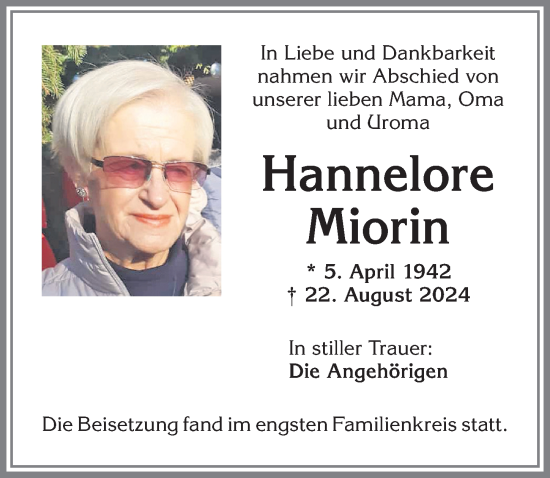 Traueranzeige von Hannelore Miorin von Allgäuer Zeitung,Kempten