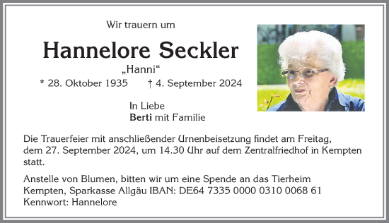 Traueranzeige von Hannelore Seckler von Allgäuer Zeitung,Kempten