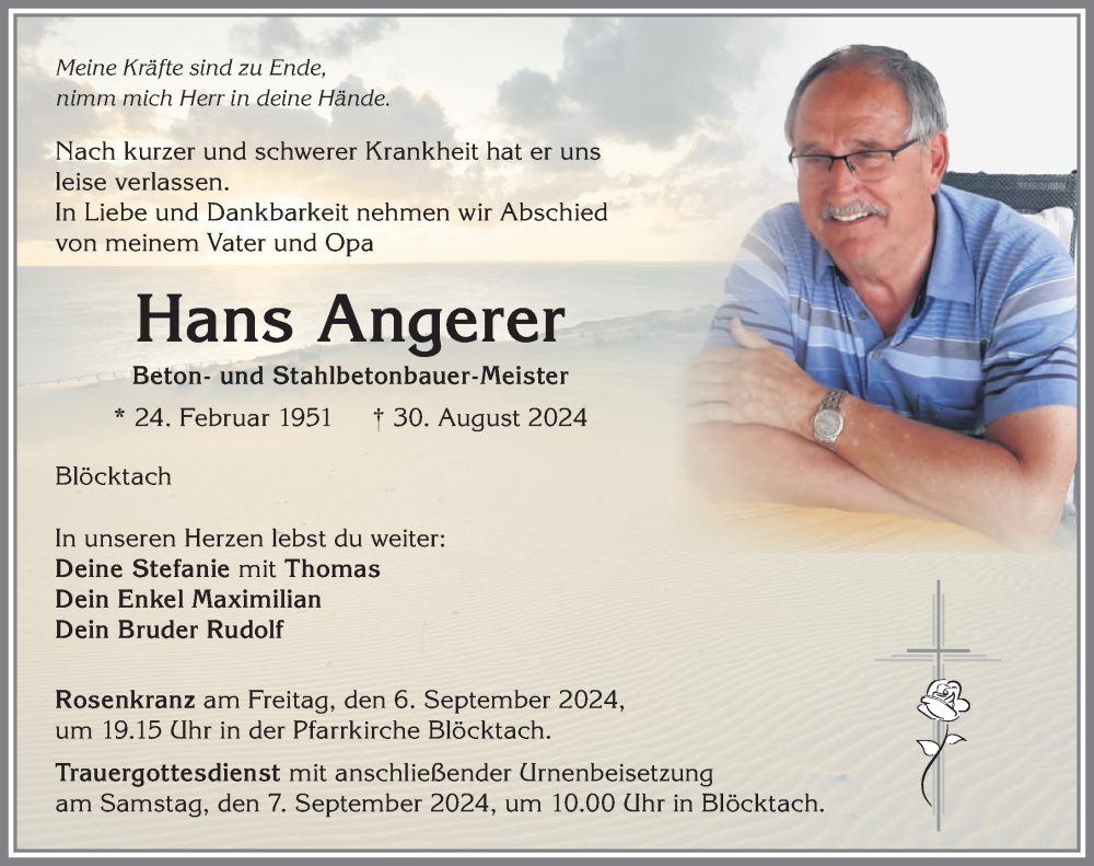  Traueranzeige für Hans Angerer vom 04.09.2024 aus Allgäuer Zeitung, Kaufbeuren/Buchloe