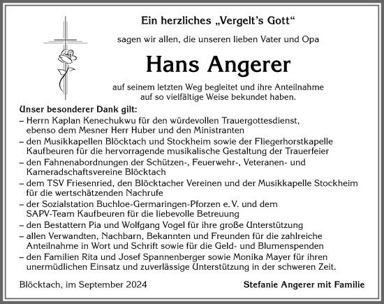 Traueranzeige von Hans Angerer von Allgäuer Zeitung, Kaufbeuren/Buchloe