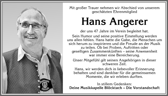 Traueranzeige von Hans Angerer von Allgäuer Zeitung, Kaufbeuren/Buchloe