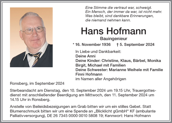 Traueranzeige von Hans Hofmann von Allgäuer Zeitung, Marktoberdorf