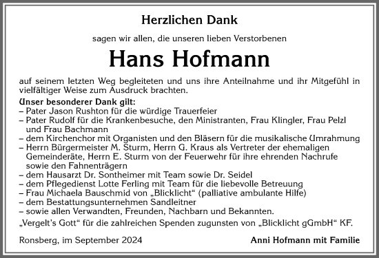 Traueranzeige von Hans Hofmann von Allgäuer Zeitung, Marktoberdorf