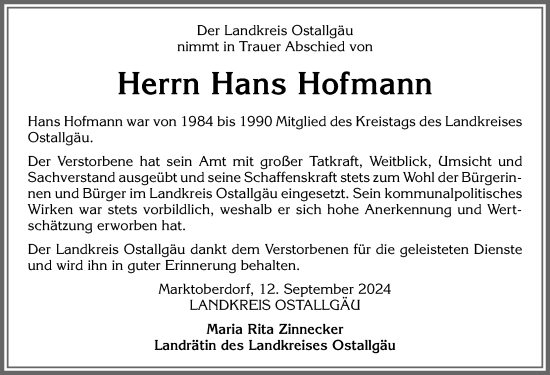 Traueranzeige von Hans Hofmann von Allgäuer Zeitung, Füssen