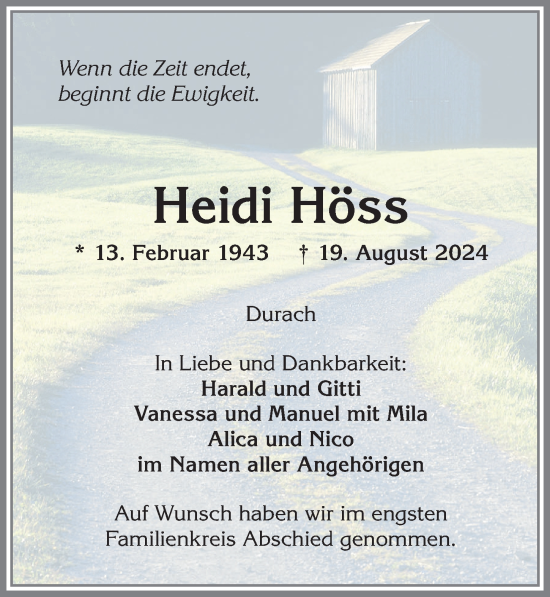 Traueranzeige von Heidi Höss von Allgäuer Zeitung,Kempten