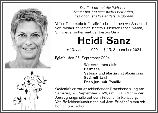 Traueranzeige von Heidi Sanz von Allgäuer Zeitung, Marktoberdorf
