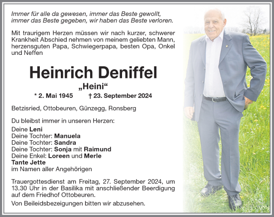 Traueranzeige von Heinrich Deniffel von Allgäuer Zeitung, Marktoberdorf