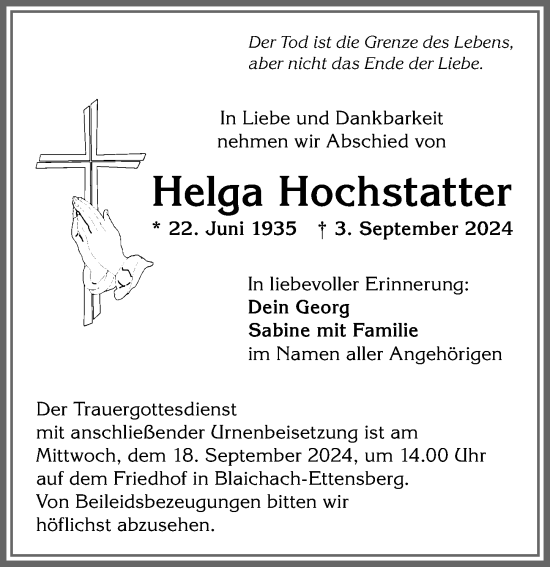 Traueranzeige von Helga Hochstatter von Allgäuer Anzeigeblatt