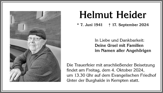 Traueranzeige von Helmut Heider von Allgäuer Zeitung,Kempten