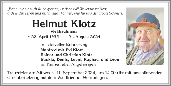 Traueranzeige von Helmut Klotz von Memminger Zeitung