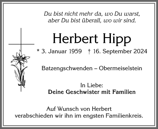 Traueranzeige von Herbert Hipp von Allgäuer Anzeigeblatt