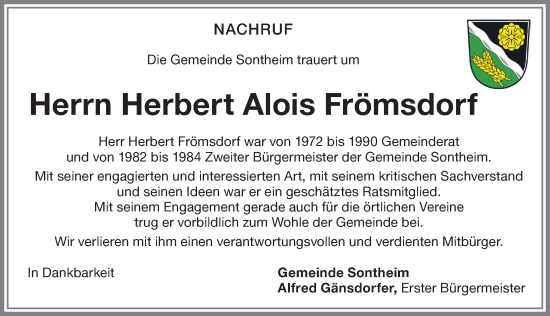 Traueranzeige von Herbert Alois Frömsdorf von Memminger Zeitung