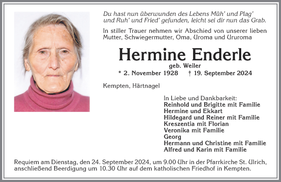 Traueranzeige von Hermine Enderle von Allgäuer Zeitung,Kempten