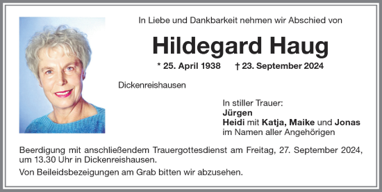 Traueranzeige von Hildegard Haug von Memminger Zeitung