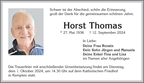 Traueranzeige von Horst Thomas von Allgäuer Zeitung,Kempten