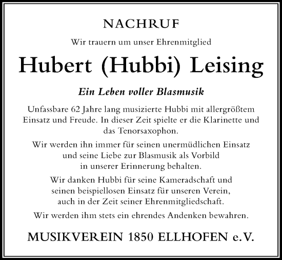 Traueranzeige von Hubert Leising von Der Westallgäuer