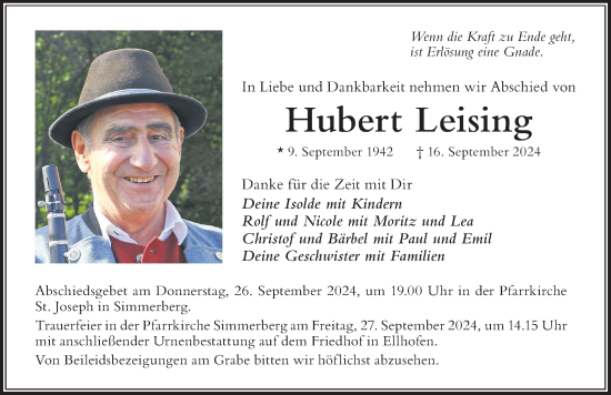 Traueranzeige von Hubert Leising von Der Westallgäuer
