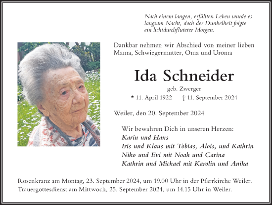 Traueranzeige von Ida Schneider von Der Westallgäuer