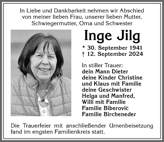 Traueranzeige von Inge Jilg von Allgäuer Zeitung,Kempten