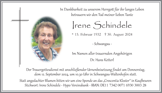 Traueranzeige von Irene Schindele von Allgäuer Zeitung, Füssen
