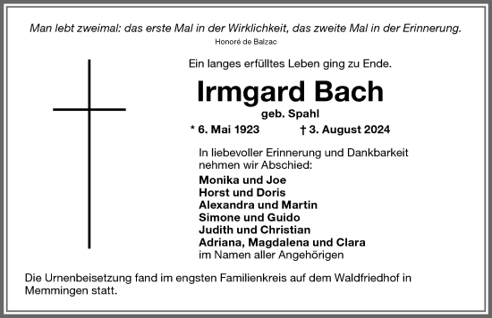 Traueranzeige von Irmgard Bach von Memminger Zeitung