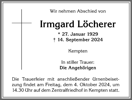 Traueranzeige von Irmgard Löcherer von Allgäuer Zeitung,Kempten