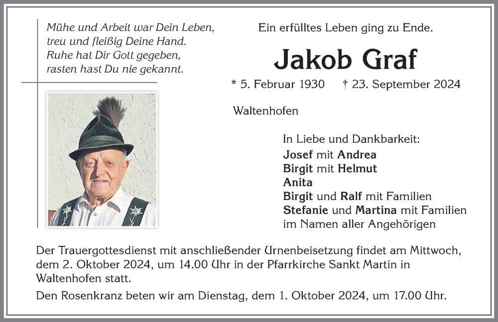  Traueranzeige für Jakob Graf vom 28.09.2024 aus Allgäuer Zeitung,Kempten