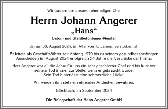 Traueranzeige von Johann Angerer von Allgäuer Zeitung, Kaufbeuren/Buchloe