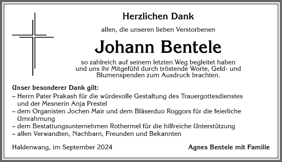 Traueranzeige von Johann Bentele von Allgäuer Zeitung,Kempten