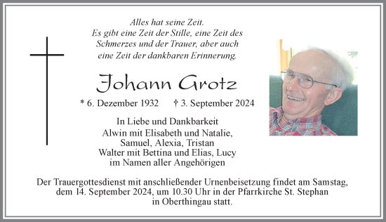 Traueranzeige von Johann Grotz von Allgäuer Zeitung, Marktoberdorf