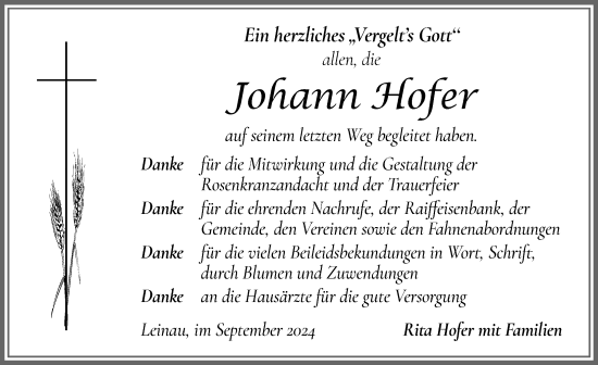 Traueranzeige von Johann Hofer von Allgäuer Zeitung, Kaufbeuren/Buchloe