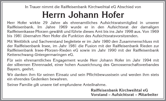 Traueranzeige von Johann Hofer von Allgäuer Zeitung, Kaufbeuren/Buchloe
