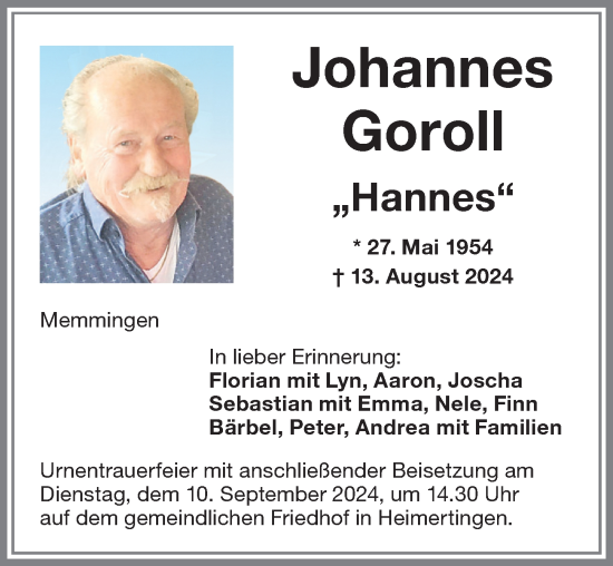 Traueranzeige von Johannes Goroll von Memminger Zeitung
