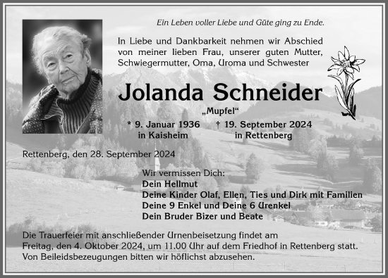 Traueranzeige von Jolanda Schneider von Allgäuer Anzeigeblatt