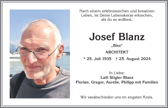 Traueranzeige von Josef Blanz von Allgäuer Anzeigeblatt