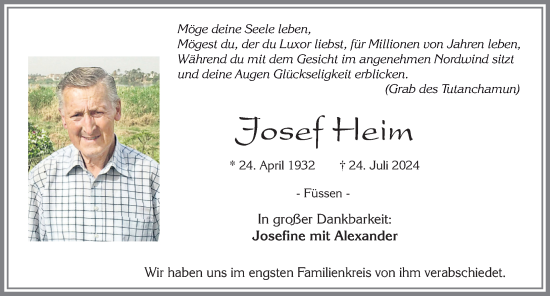 Traueranzeige von Josef Heim von Allgäuer Zeitung, Füssen