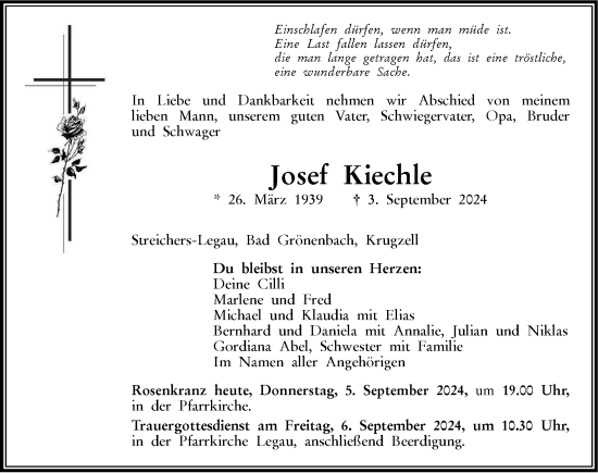 Traueranzeige von Josef Kiechle von Memminger Zeitung